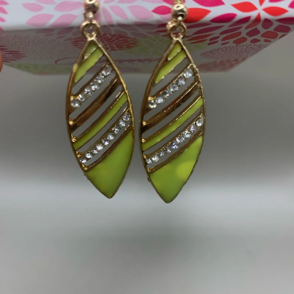 Gold Tone Lime‎ Green Rhinestone Enamel Leaf Shape Earrings 2 1/2” Long